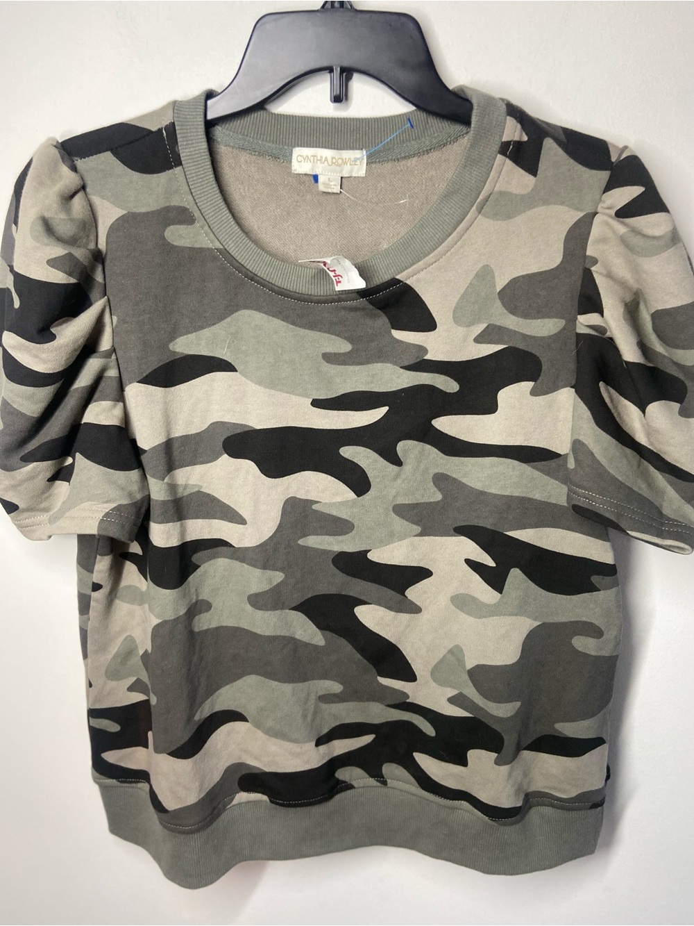Cynthia Rowley Olive and Black Camo Puff Sleeve Tee